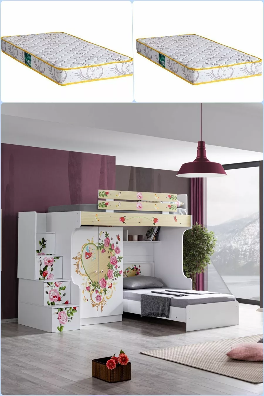 Lit superposé, Mira Lit superposé Armoire 2 Matelas Comfort