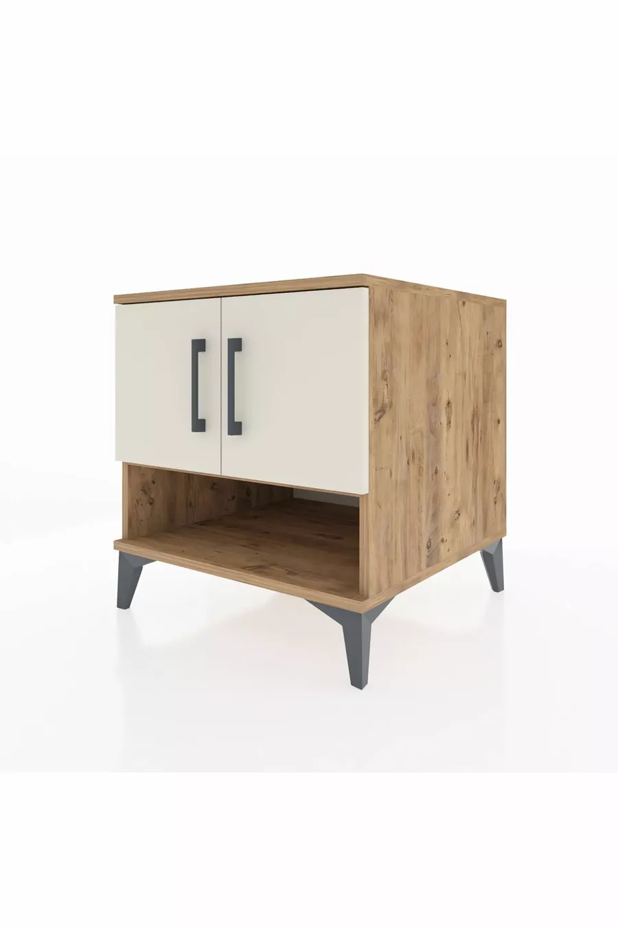 Table de chevet Kronos à 2 étagères et 2 portes, pin-pierre d'orme