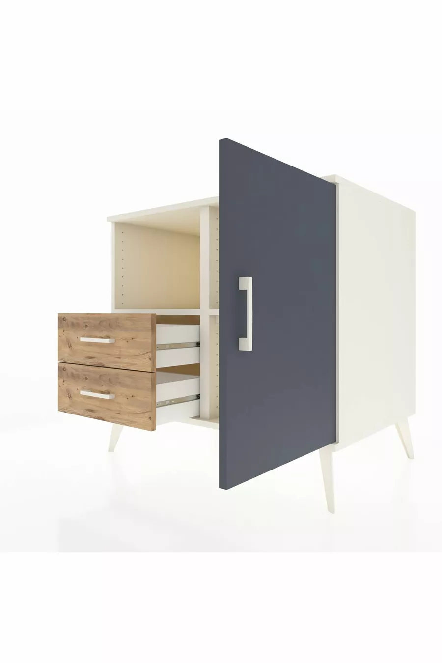 Commode Kronos à 2 étagères, 2 tiroirs, 1 porte, Pierre de lune-Anthracite/Pin