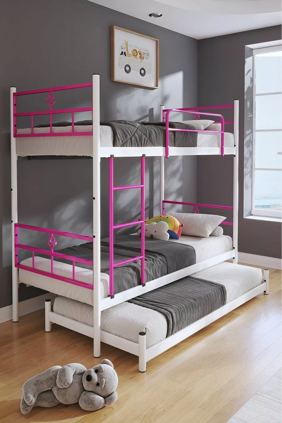 Koza Etagenbett mit Bettfunktion für 3 Personen, Dunkelrosa Metallbett