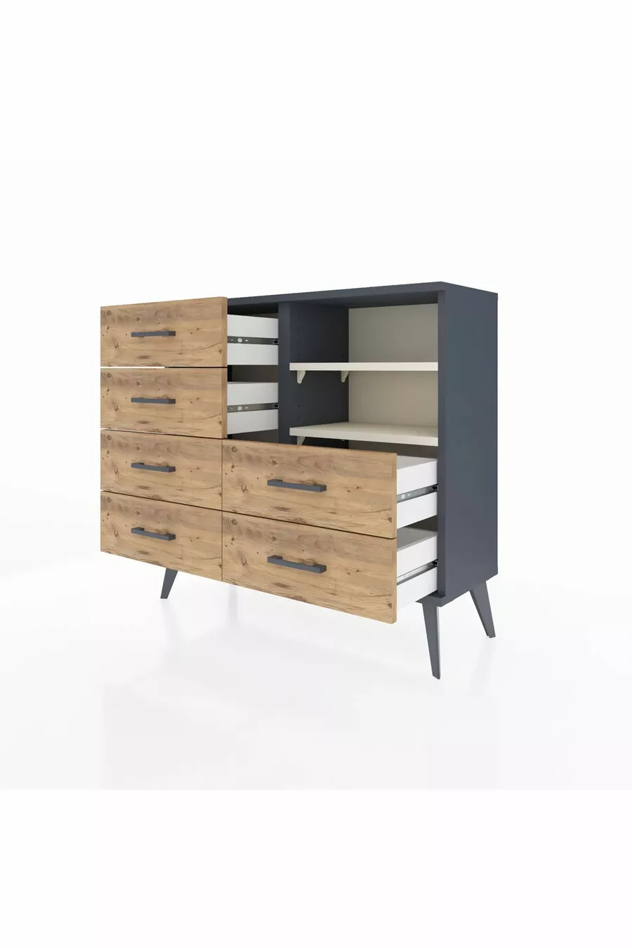 Commode Arges 2 étagères 6 tiroirs Anthracite-Pierre de lune/Merisiers