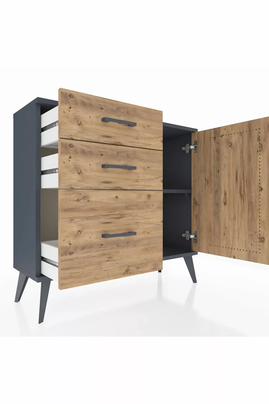 Commode Arges avec une seule étagère, 3 tiroirs et une porte, Anthracite-Pin