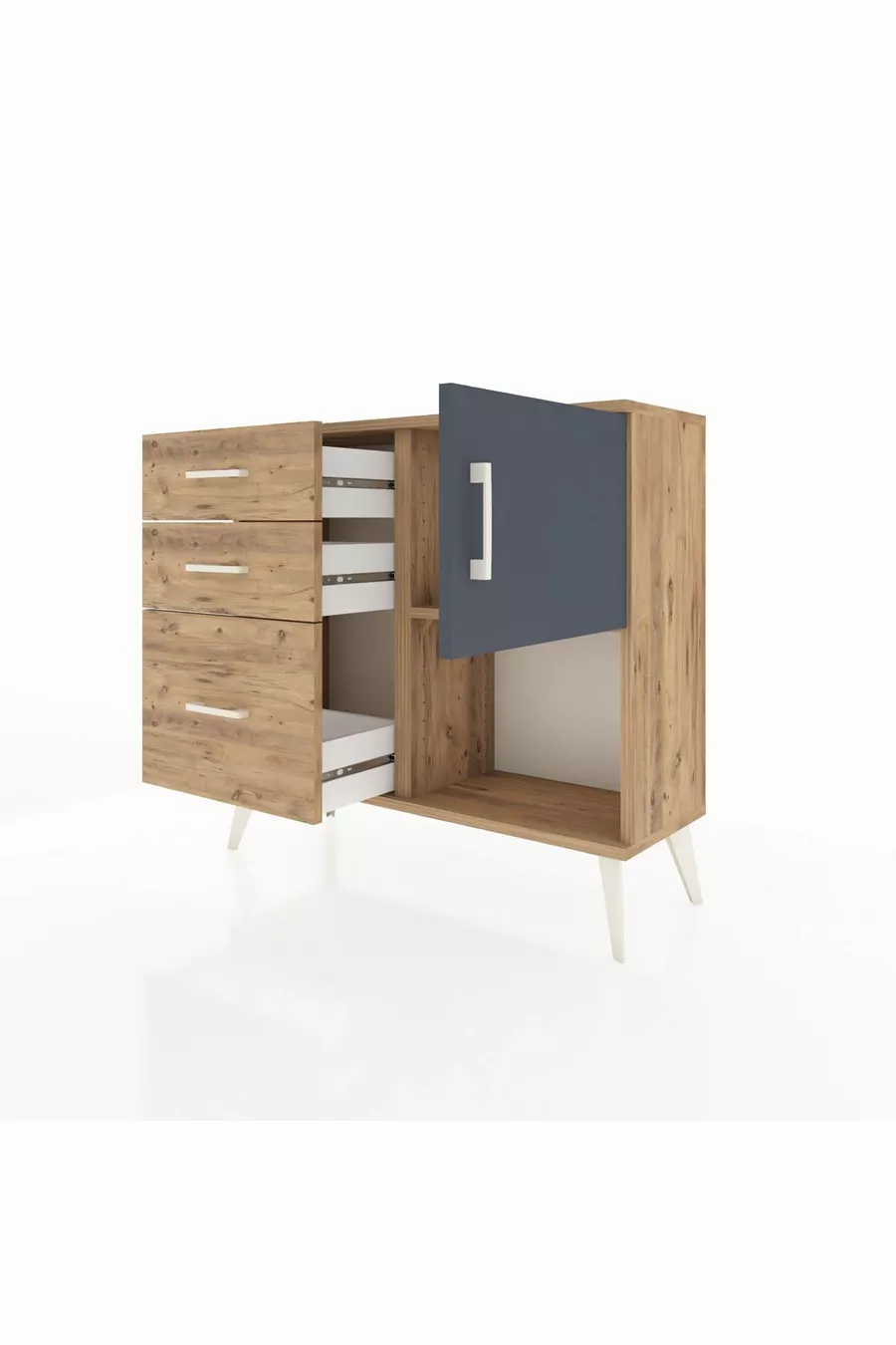 Commode Arges avec une étagère, 3 tiroirs et une porte, pin-anthracite/pin