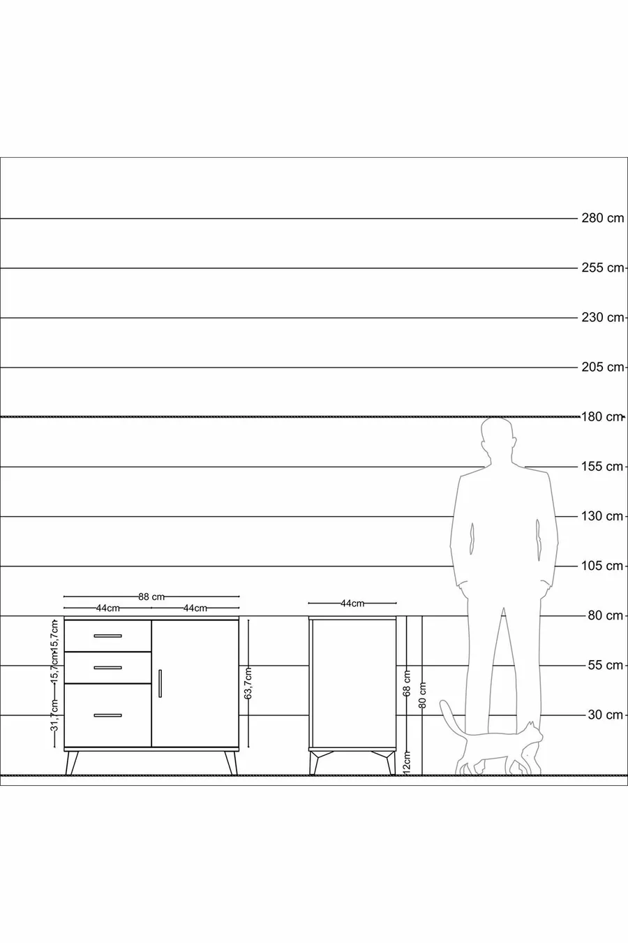 Hyperion Kommode mit einem Regal, 3 Schubladen und einer Tür, Kiefer-Kiefer/Granit