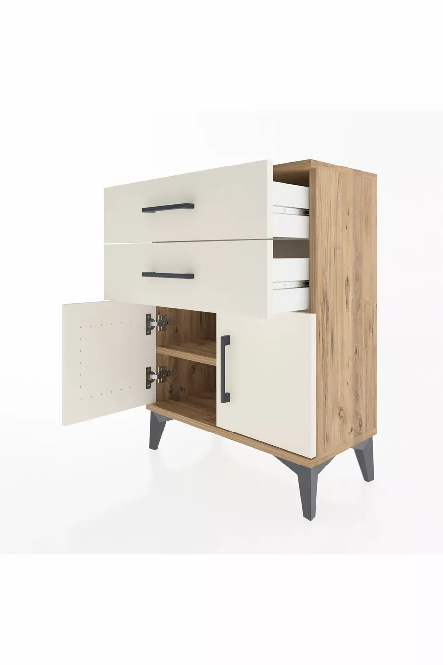 Table de chevet Arges avec une étagère, 2 tiroirs et 2 portes, pin-ambre