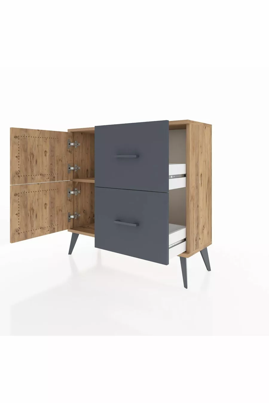 Commode Arges avec une étagère, 2 tiroirs et 2 portes, Pin-Pin/Anthracite