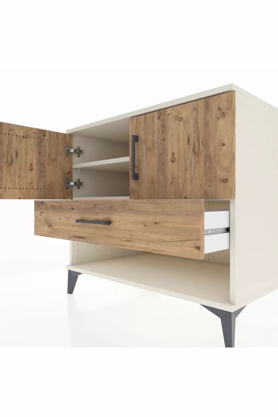 Commode Kronos avec 2 étagères, 1 tiroir et 2 portes, Pierre de Lune-Sapin