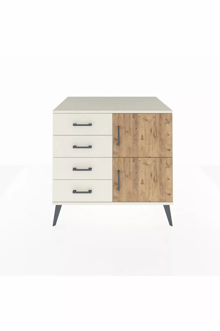 Commode Kronos à une étagère, 4 tiroirs, 2 portes, Pierre de Lune/Pin