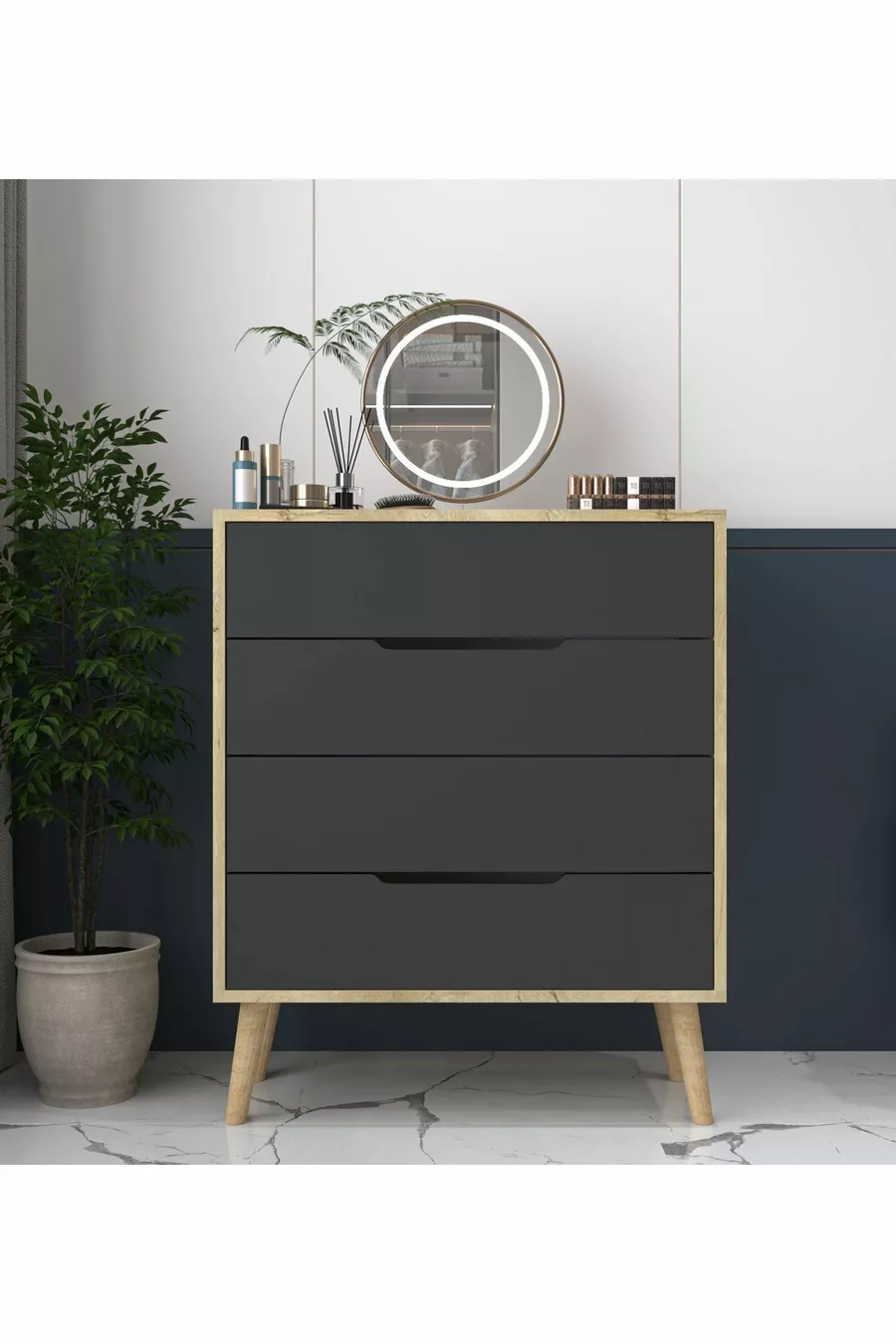 Flora Commode 4 tiroirs Chambre à coucher Chambre bébé Chêne Saphir-Anthracite