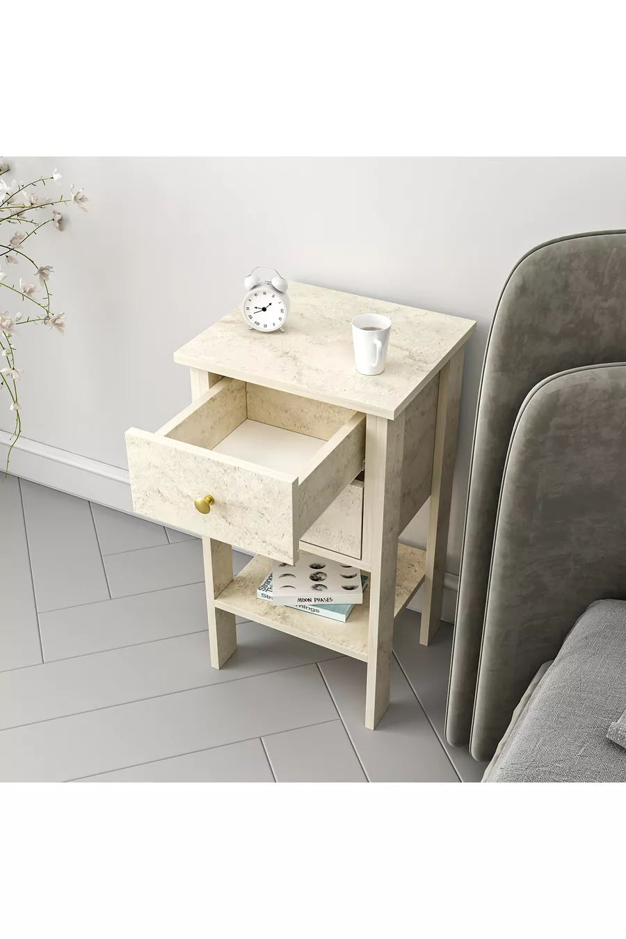 MANDOSI DOUBLE DRAWER NIGHTSTAND TRAVERTINE