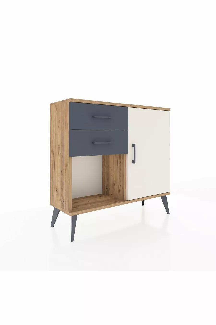 Commode Arges avec une seule étagère, 2 tiroirs et une porte, pin-gris anthracite