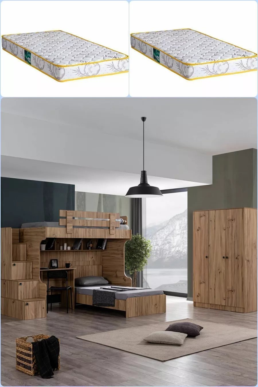 Lits superposés, Viva Ranza Lit Cadre Table Armoire 3 Portes 2 Matelas Confort