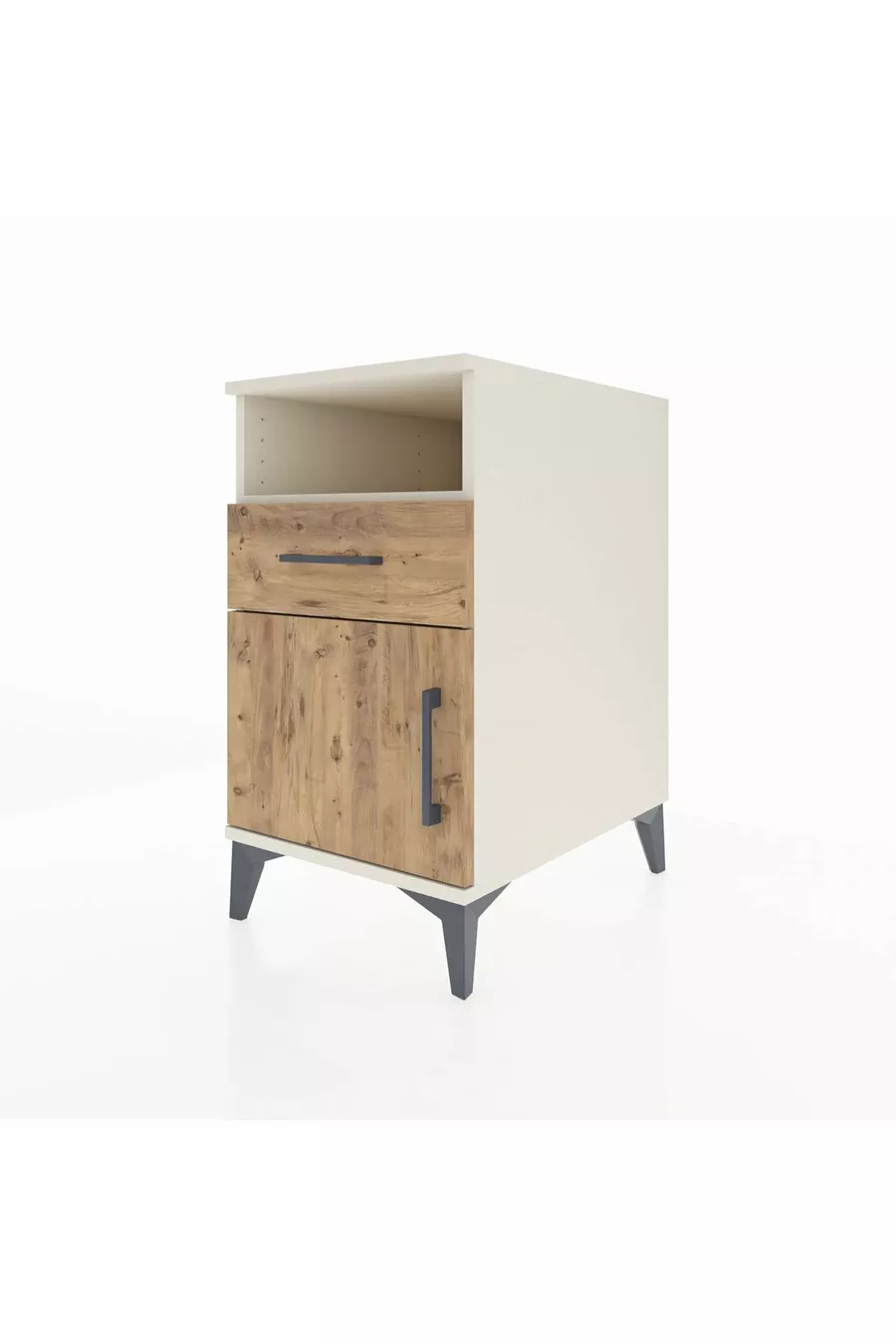Table de chevet Kronos avec une étagère, un tiroir et une porte, Ambre-Débord