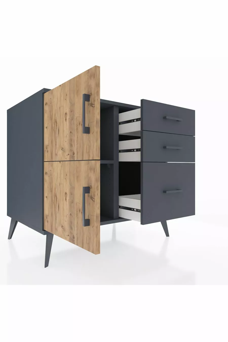 Commode Kronos à une étagère, 3 tiroirs, 2 portes, Anthracite-Sapin/Anthracite