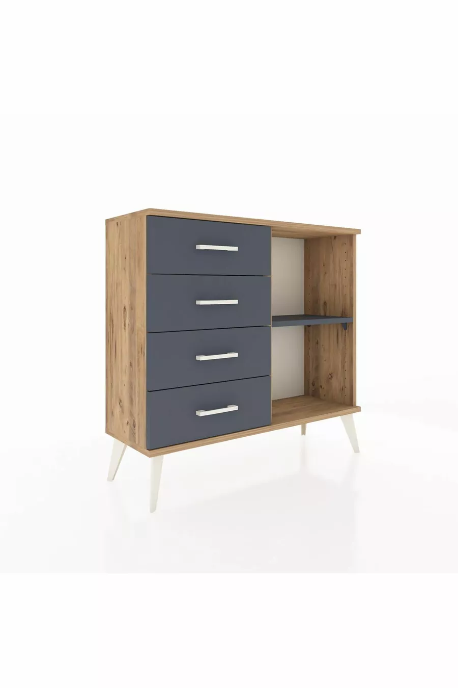 Commode Arges à une étagère et 4 tiroirs en pin-anthracite