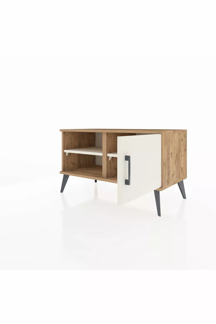 Commode Hyperion à 2 étagères avec porte unique en pin et travertin