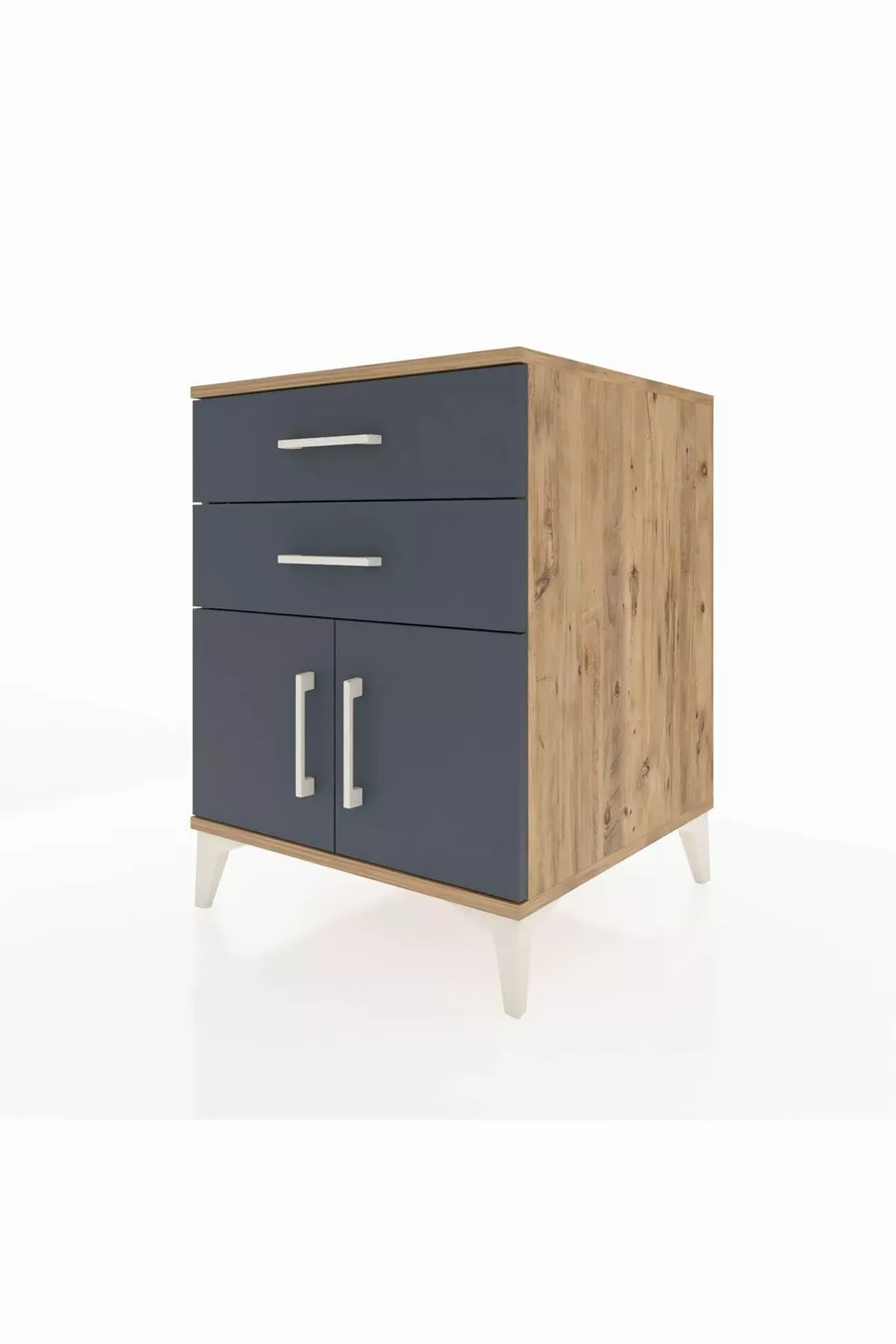 Kronos Table de chevet avec une étagère, 2 tiroirs et 2 portes, pin-anthracite