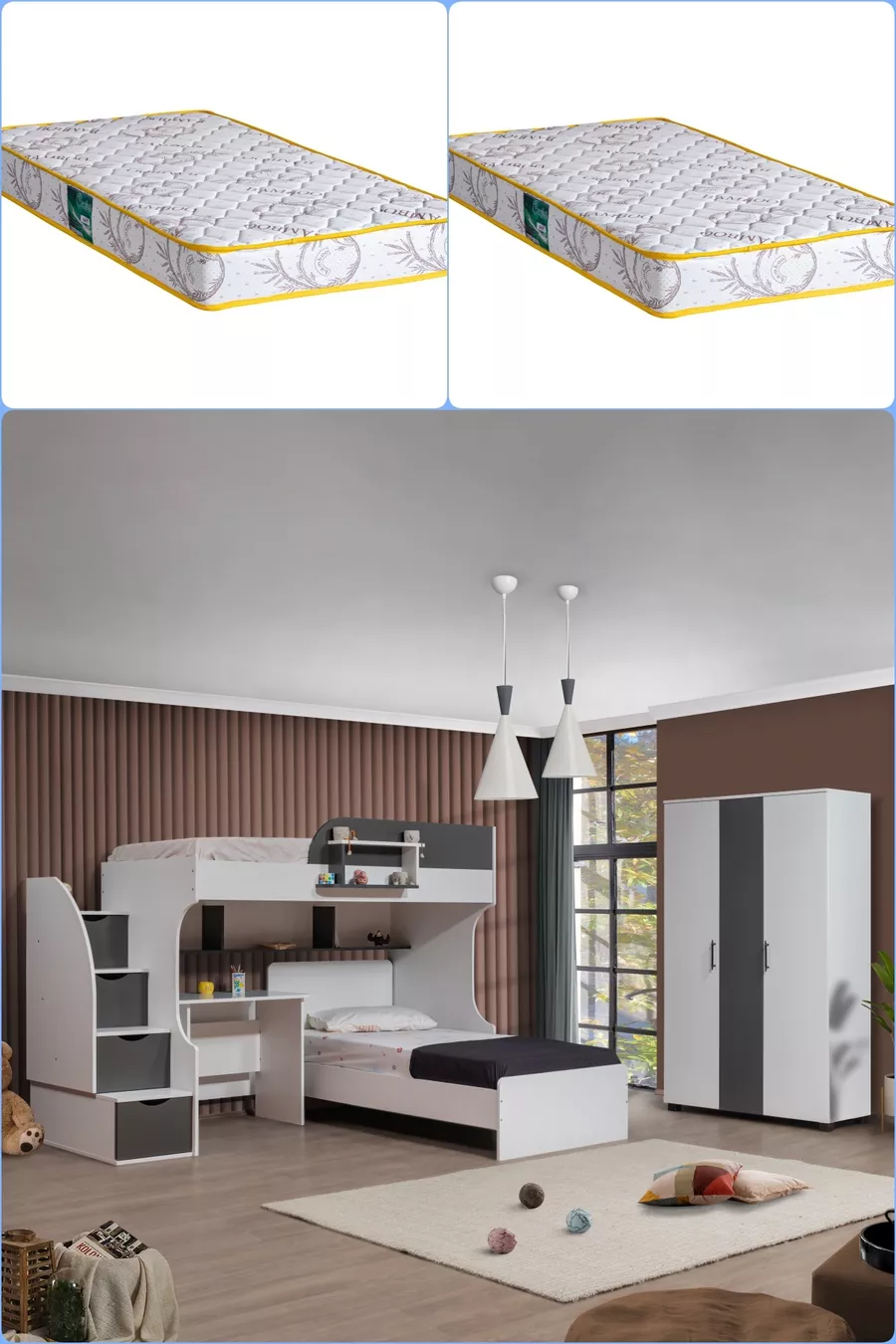 Bunk Bed, Aura Bunk Bed Bed Table 3-Door Wardrobe + 2 Comfort Mattresses