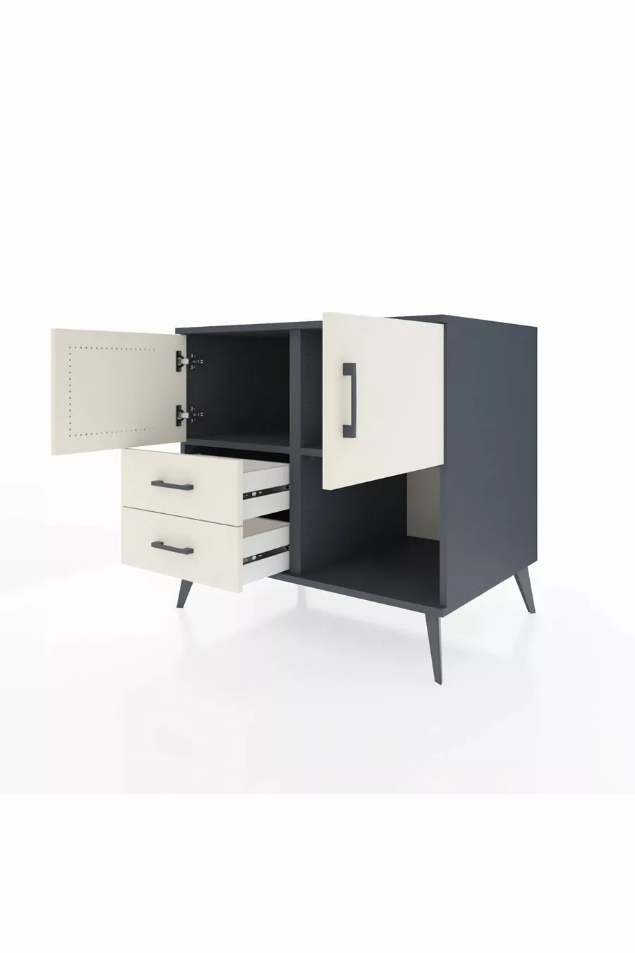Commode Kronos avec 2 étagères, 2 tiroirs et 2 portes Anthracite-Pierre de lune