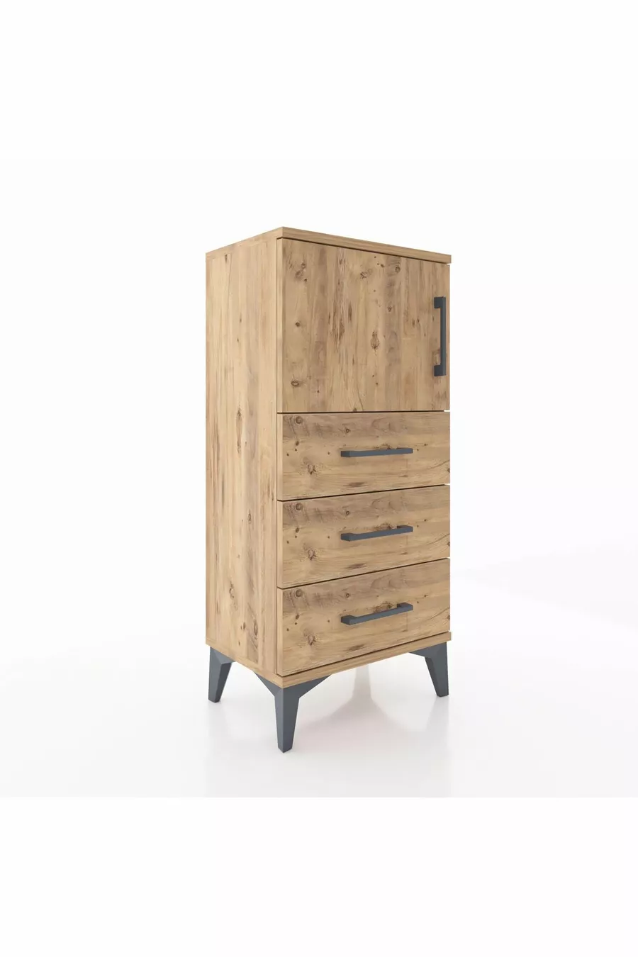 Chevet Arges avec une étagère, 3 tiroirs et une porte, en pin