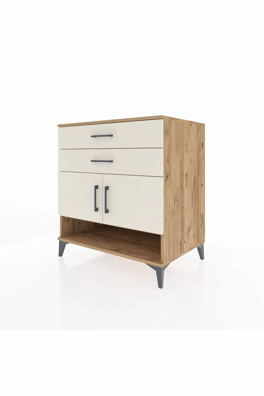 Commode Kronos avec 2 étagères, 2 tiroirs et 2 portes, en pin et pierre de lune