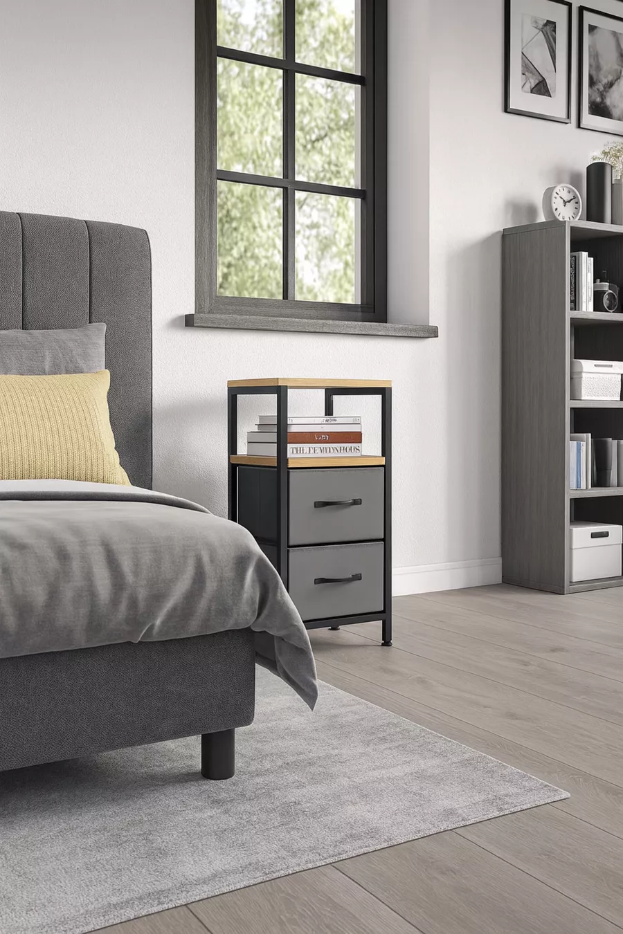 Table de chevet métallique à 2 étagères avec tiroir en cuir pour organiser la chambre