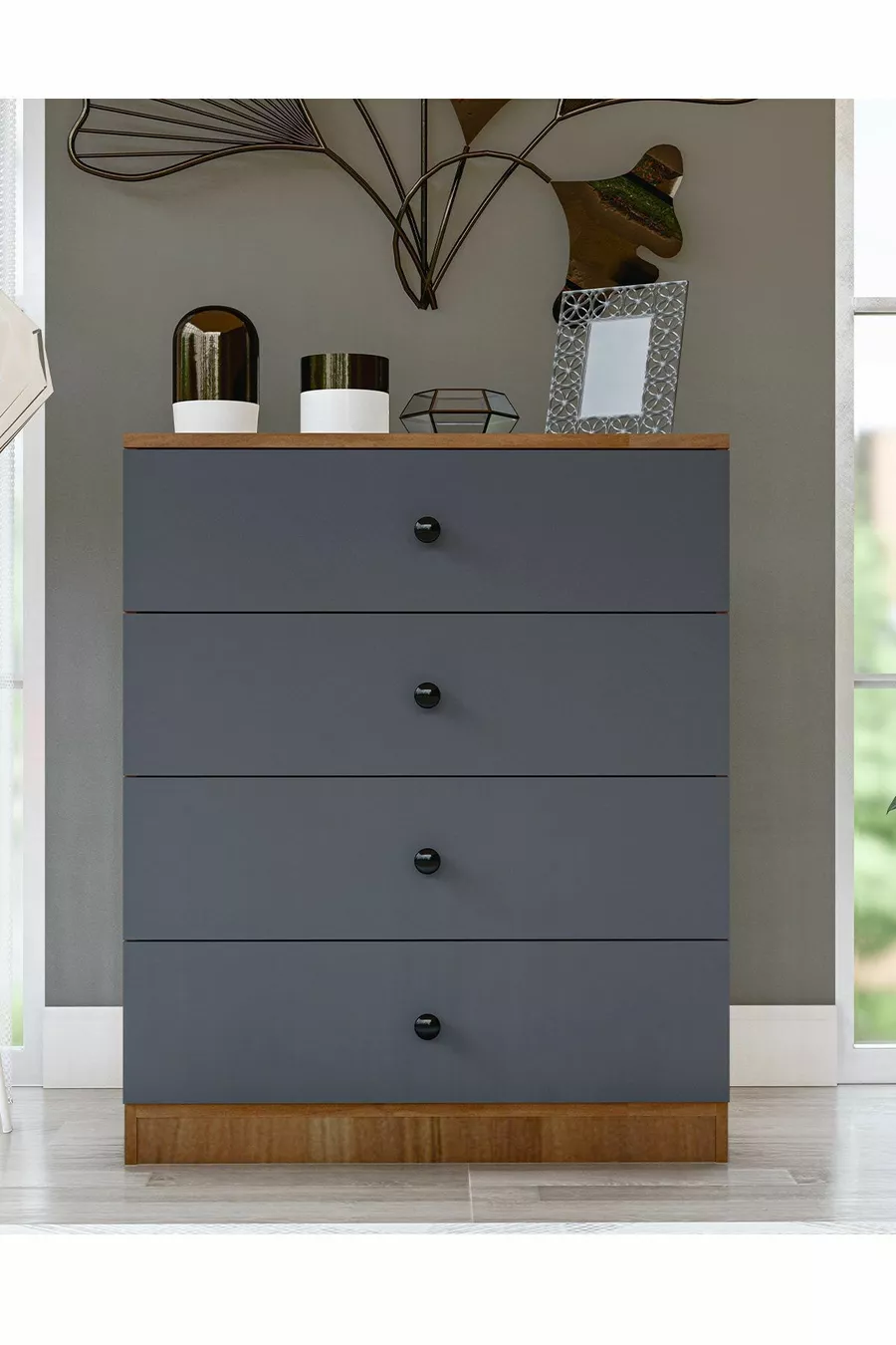 Comò Gm Almina a 4 cassetti con manopole a pulsante, grigio antracite-noce