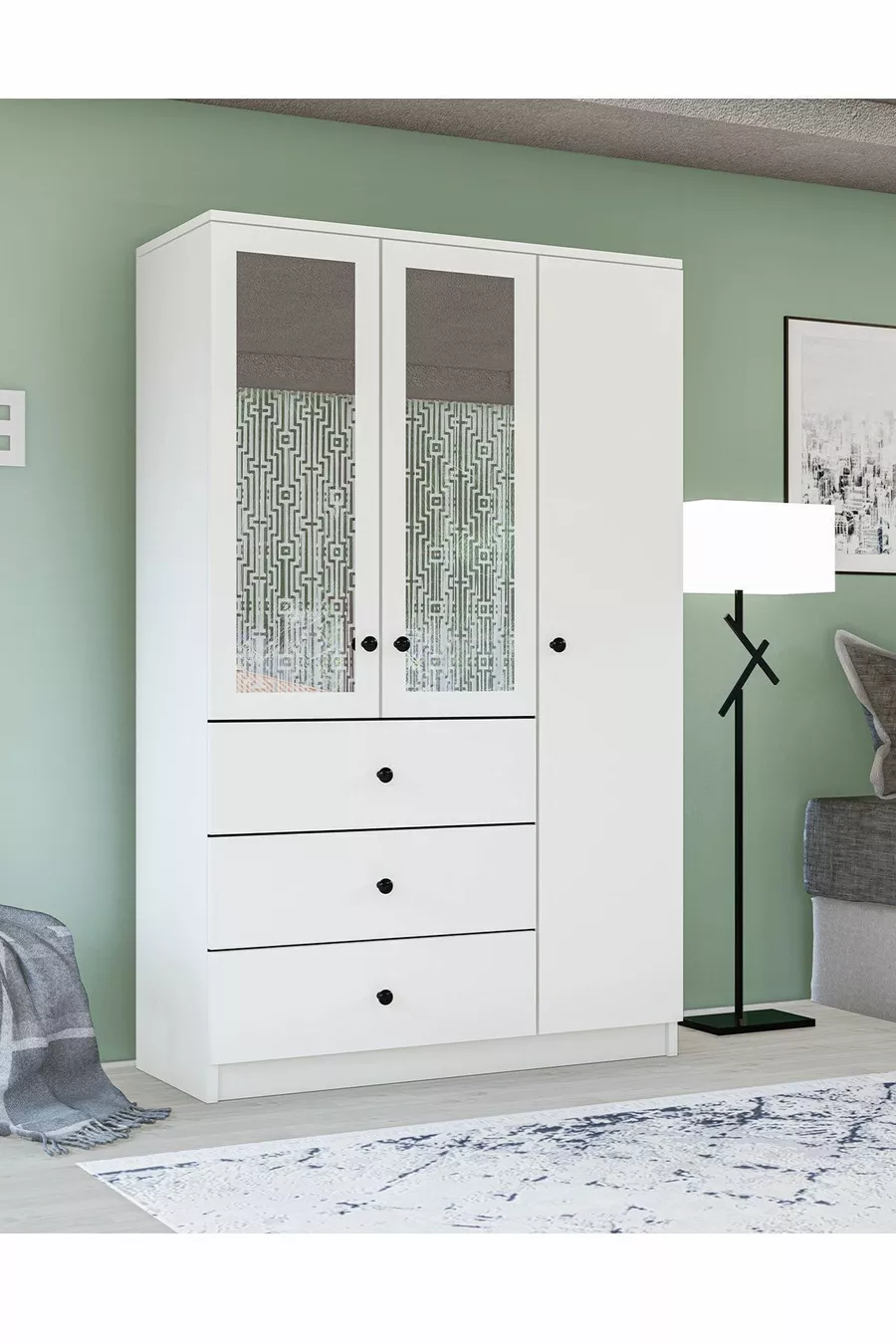 Gm  Ece Lux 3 Türen 3 Schubladen Kleiderschrank mit Spiegel und Griffknöpfen