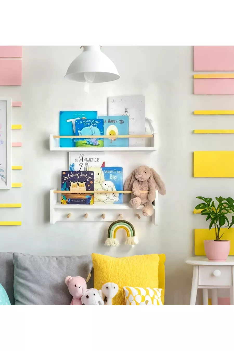 Libreria da parete Montessori con 2 appendini in MDF bianco