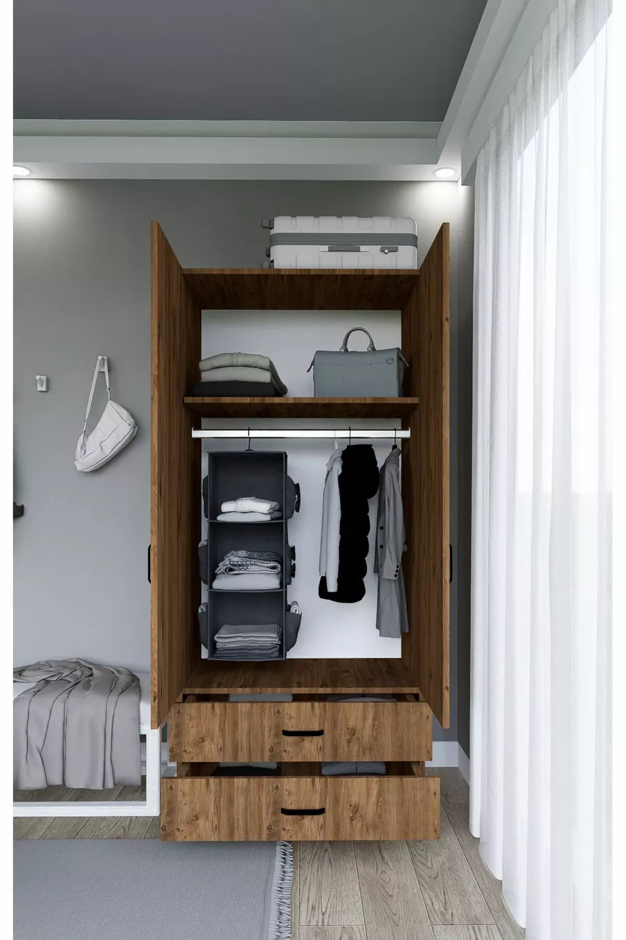 Armoire à vêtements Yaman  cm pin de l'Atlantique avec 2 portes et 2 tiroirs - Garde-robe