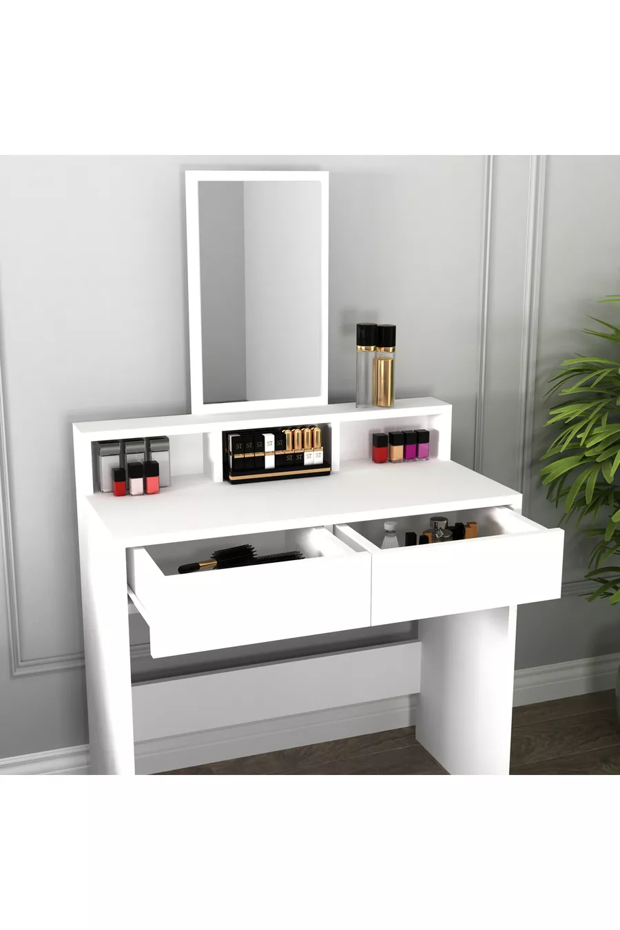 Luna White Modern Design Vanity Table with Drawer and Mirror - Luna