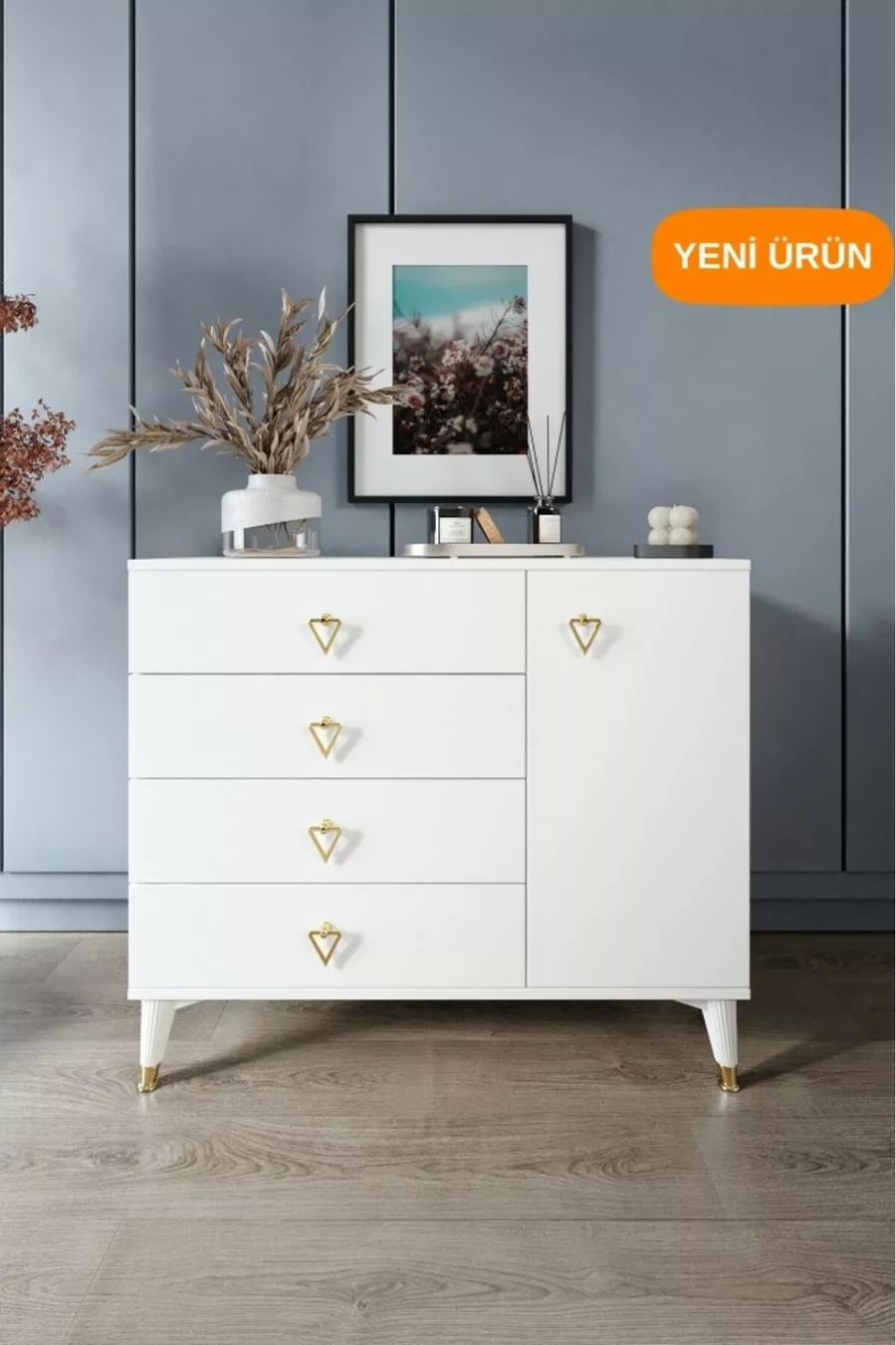 Commode moderne simple avec 4 tiroirs et 1 porte, blanc et doré