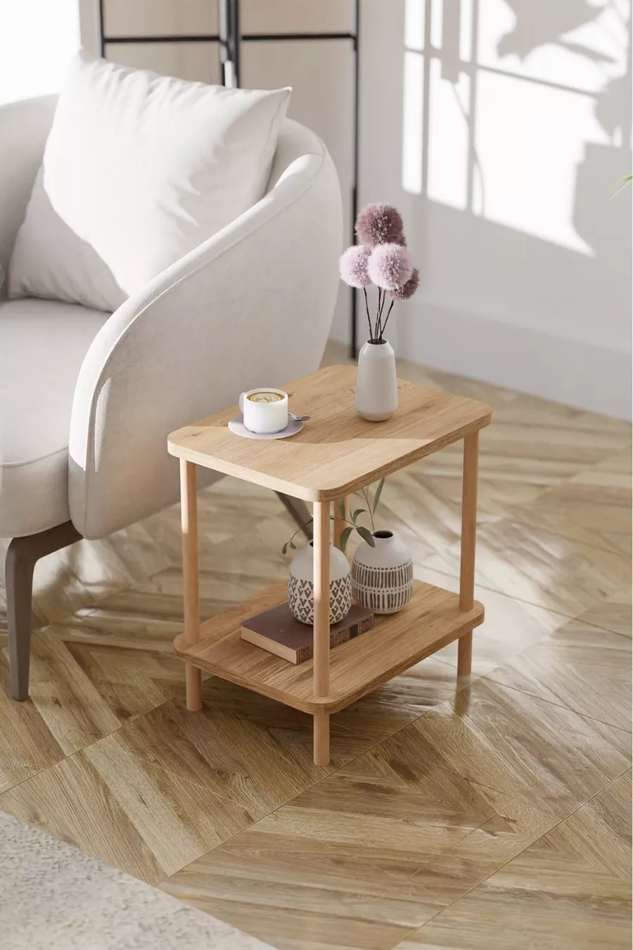 Table d'appoint latérale à 2 étagères avec large porte-journaux, bibliothèque, support pour fleurs, table de chevet, table de chevet polyvalente