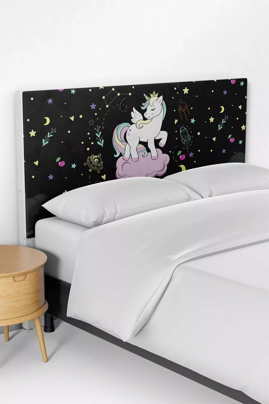 Housse de tête de lit pour lit enfant avec motif licorne noire