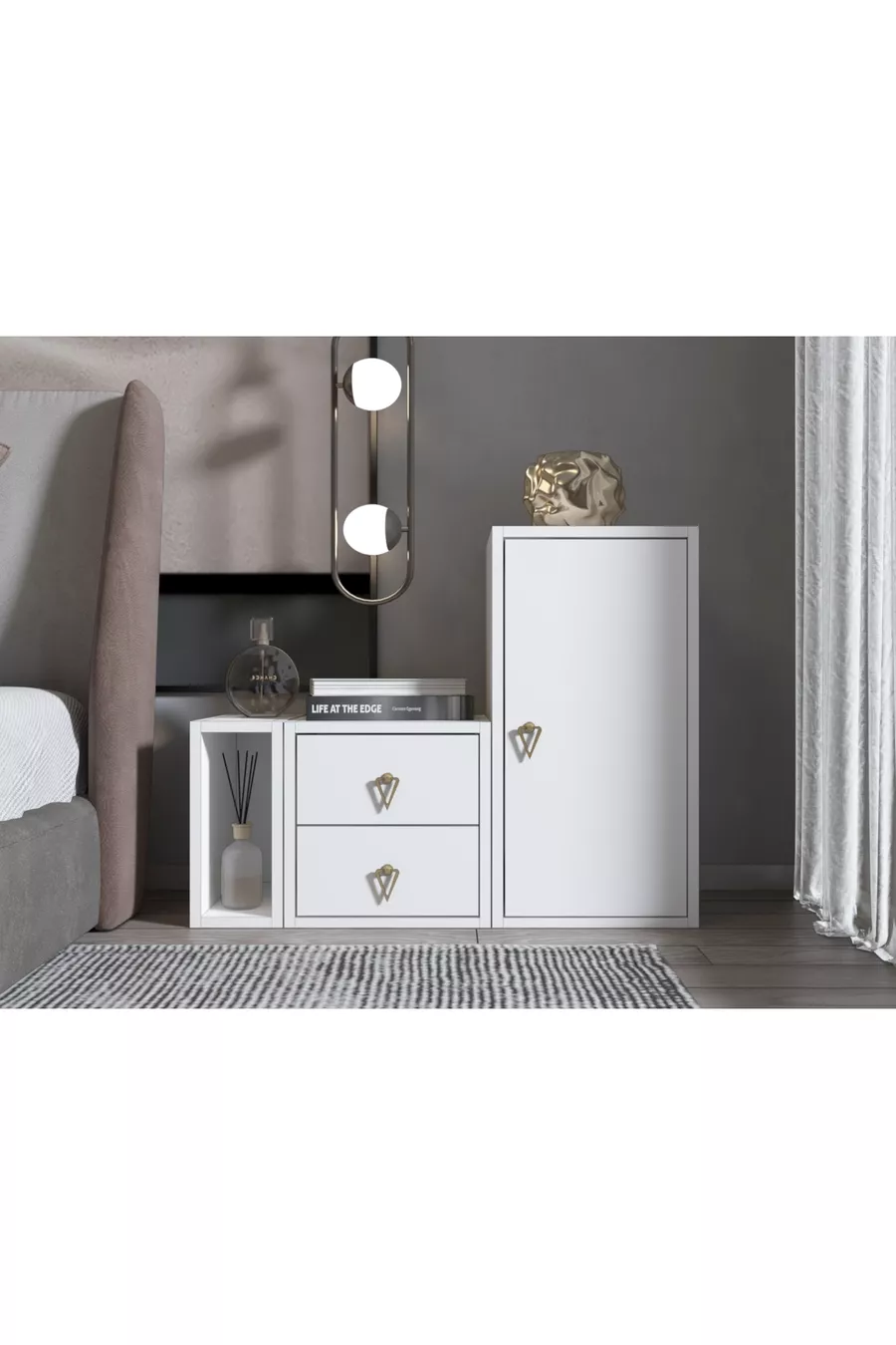 Commode modulaire étroite pour niche avec double tiroir, bloc d'armoire longue à portes, blanche
