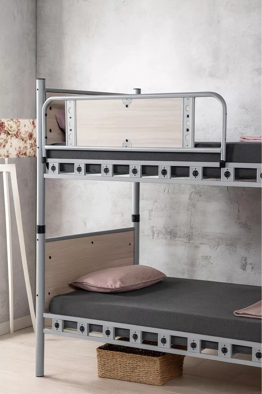 Elegant Kids' Room Bunk Bed and Bed with Wooden Headboard and Metal Frame