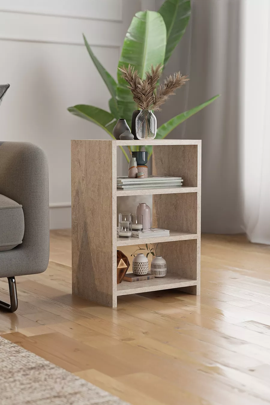 Table de chevet à 4 étagères pour chambre à coucher, table de chevet avec compartiments, table de chevet de chevet - Travertin