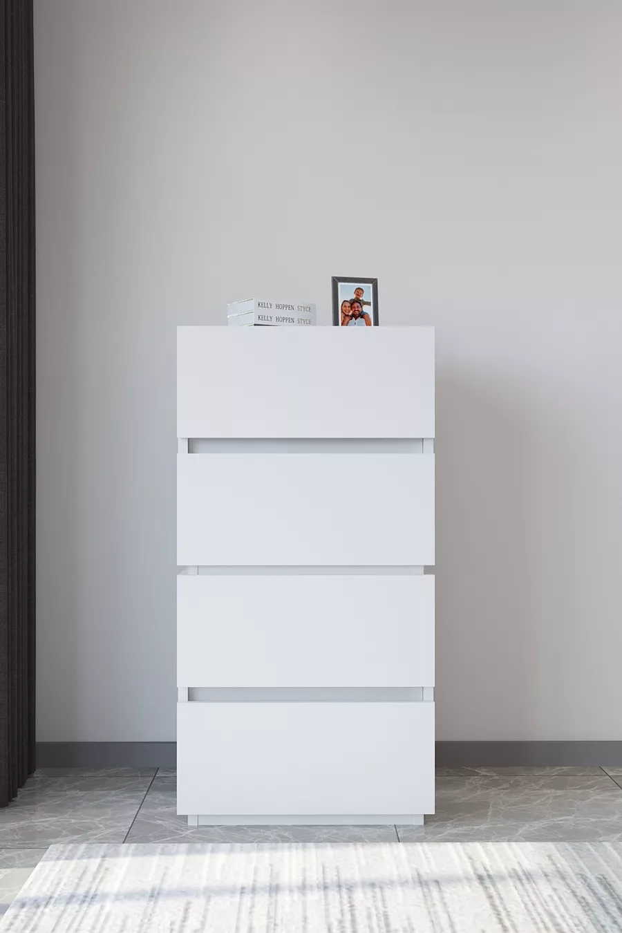 Commode blanche à 4 tiroirs Galata en cuir verni pour chambre à coucher ou chambre de bébé