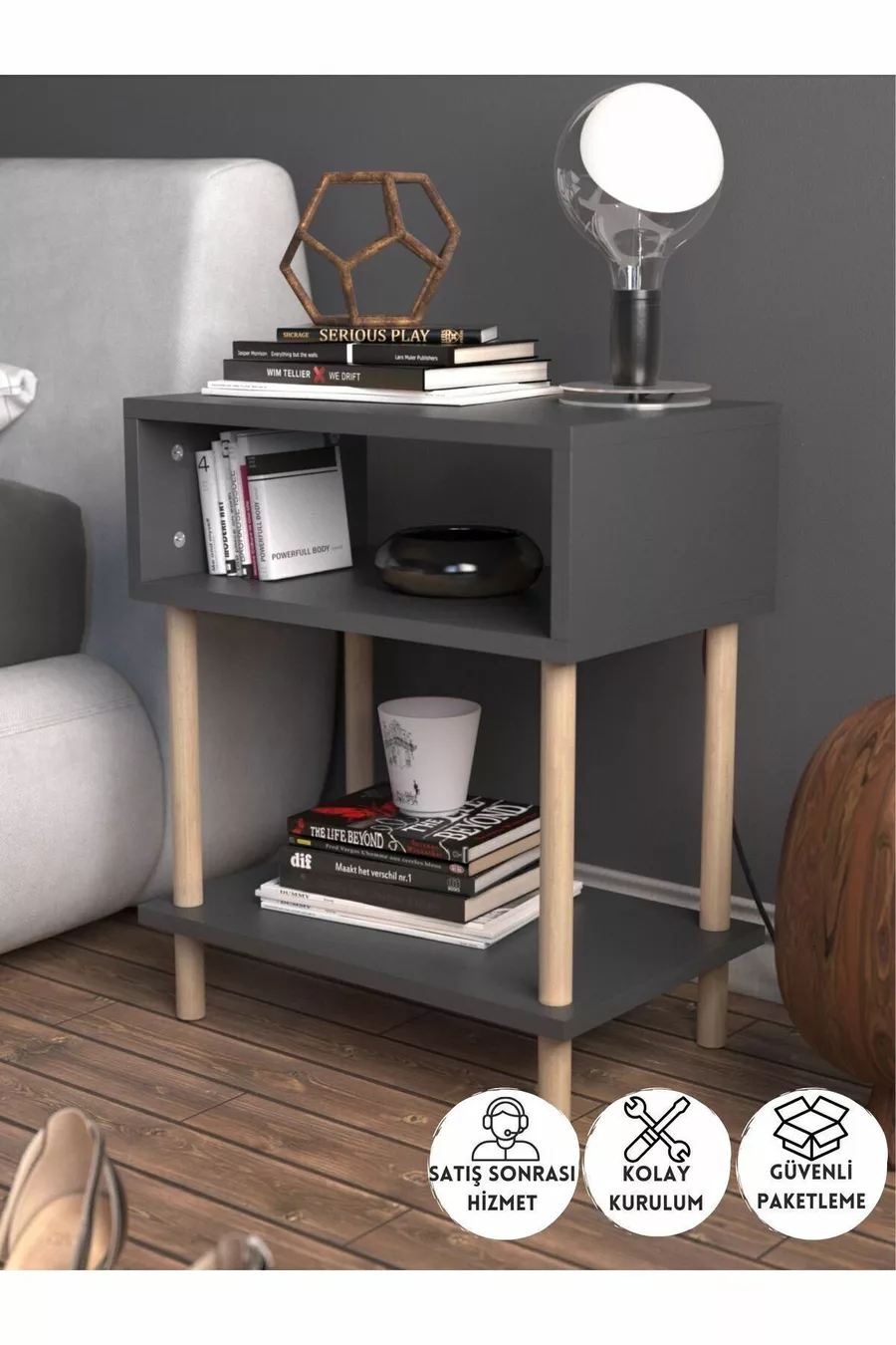 2-Shelf Modern Nightstand Bedroom Bedside Organizer Wooden Leg Side Table - Anthracite