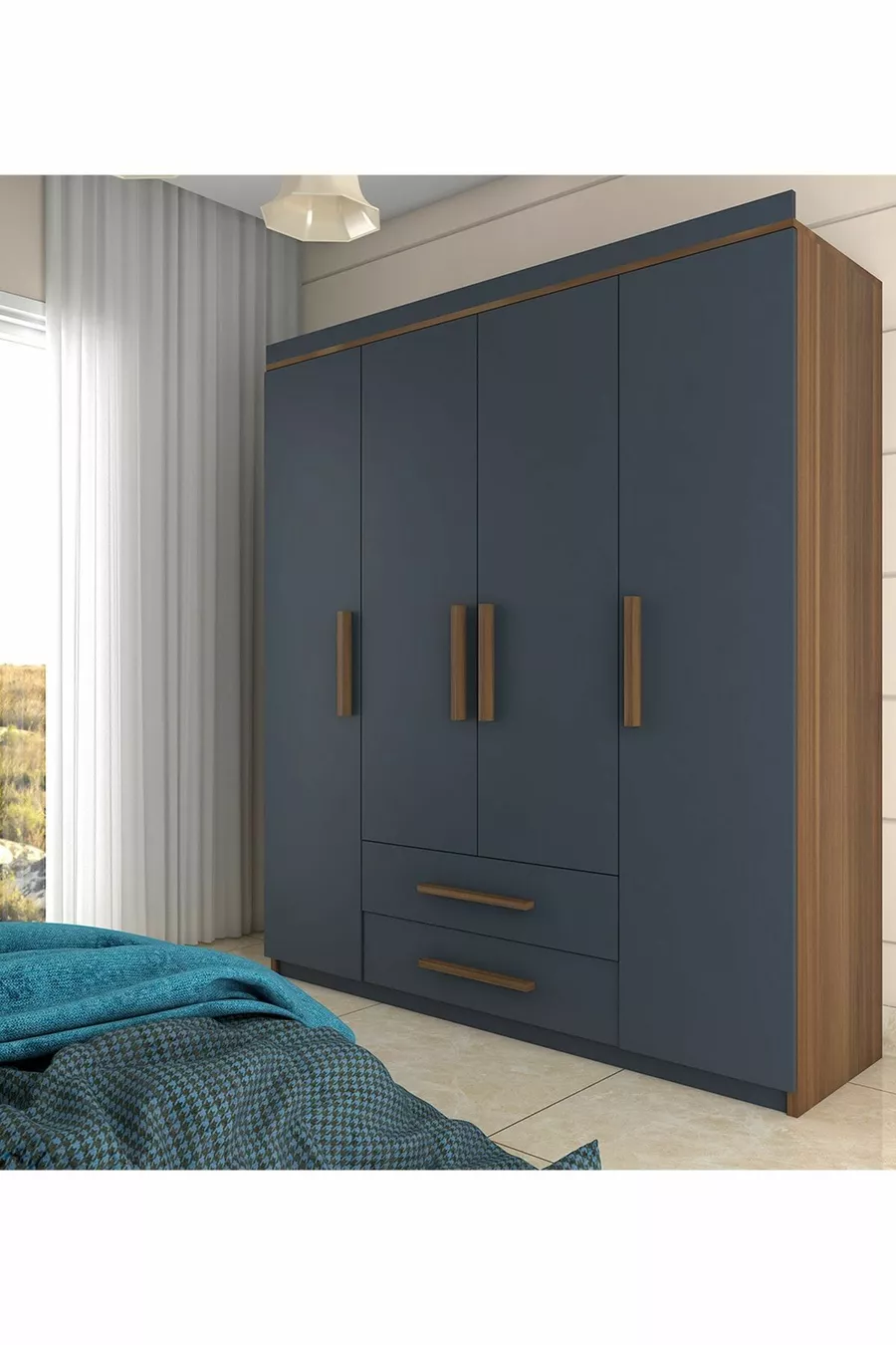  Perla Lux Armoire 4 Portes 2 Tiroirs Noyer-Anthracite Gris