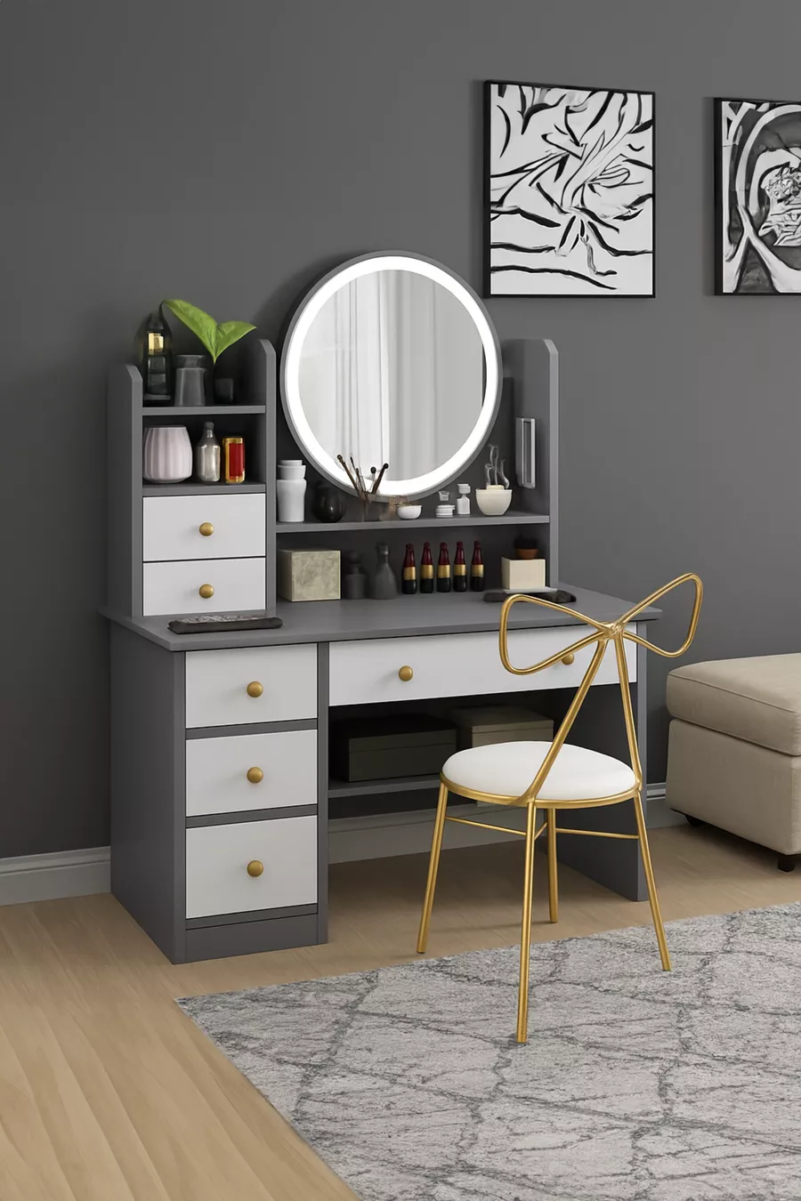 Coiffeuse moderne avec miroir et éclairage LED en MDF de qualité premium de 1ère classe (G)
