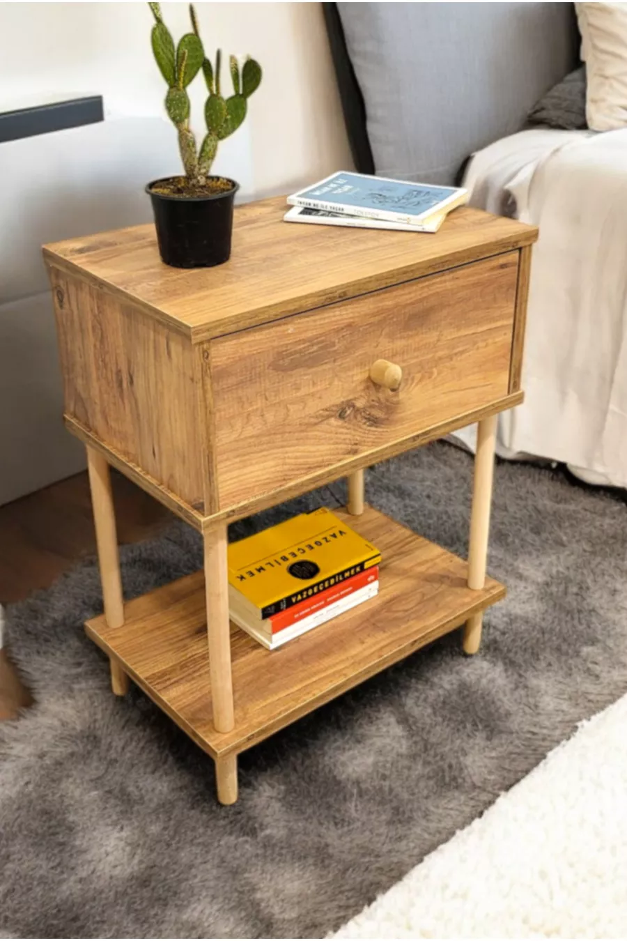 Schuifklep Nachtkastje met Plank Modern Houten Nachtkastje met Poten voor Slaapkamernacht