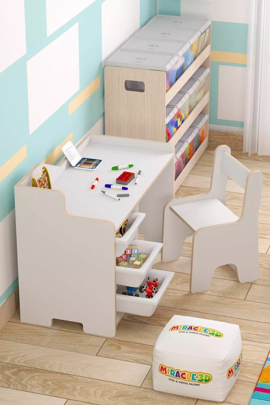 Bureau d'étude pour enfant Cm avec 3 paniers et chaise avec dossier pour enfant