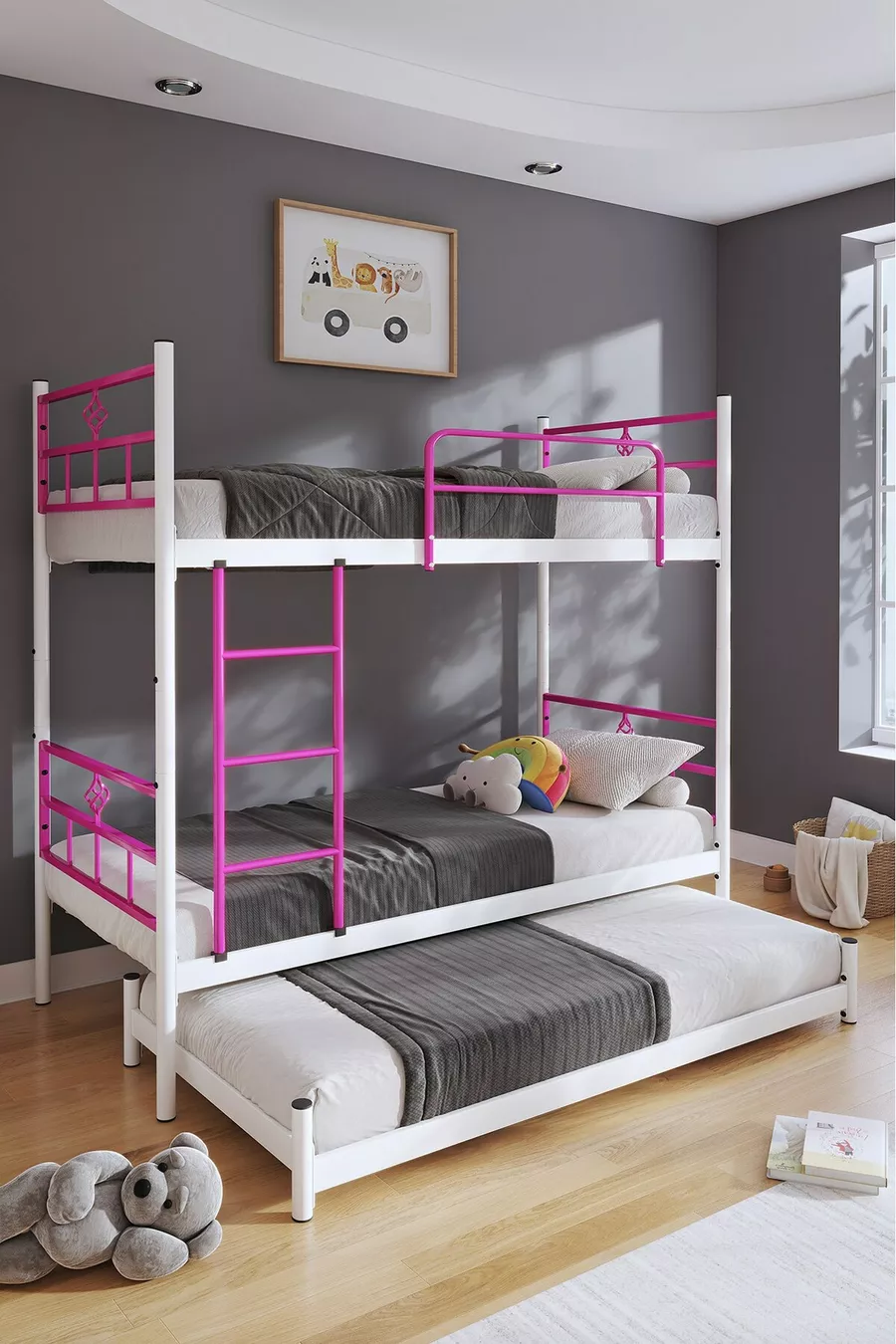 Lit superposé Koza avec tiroir pour 3 personnes Compatible avec lit, lit superposé en métal rose foncé