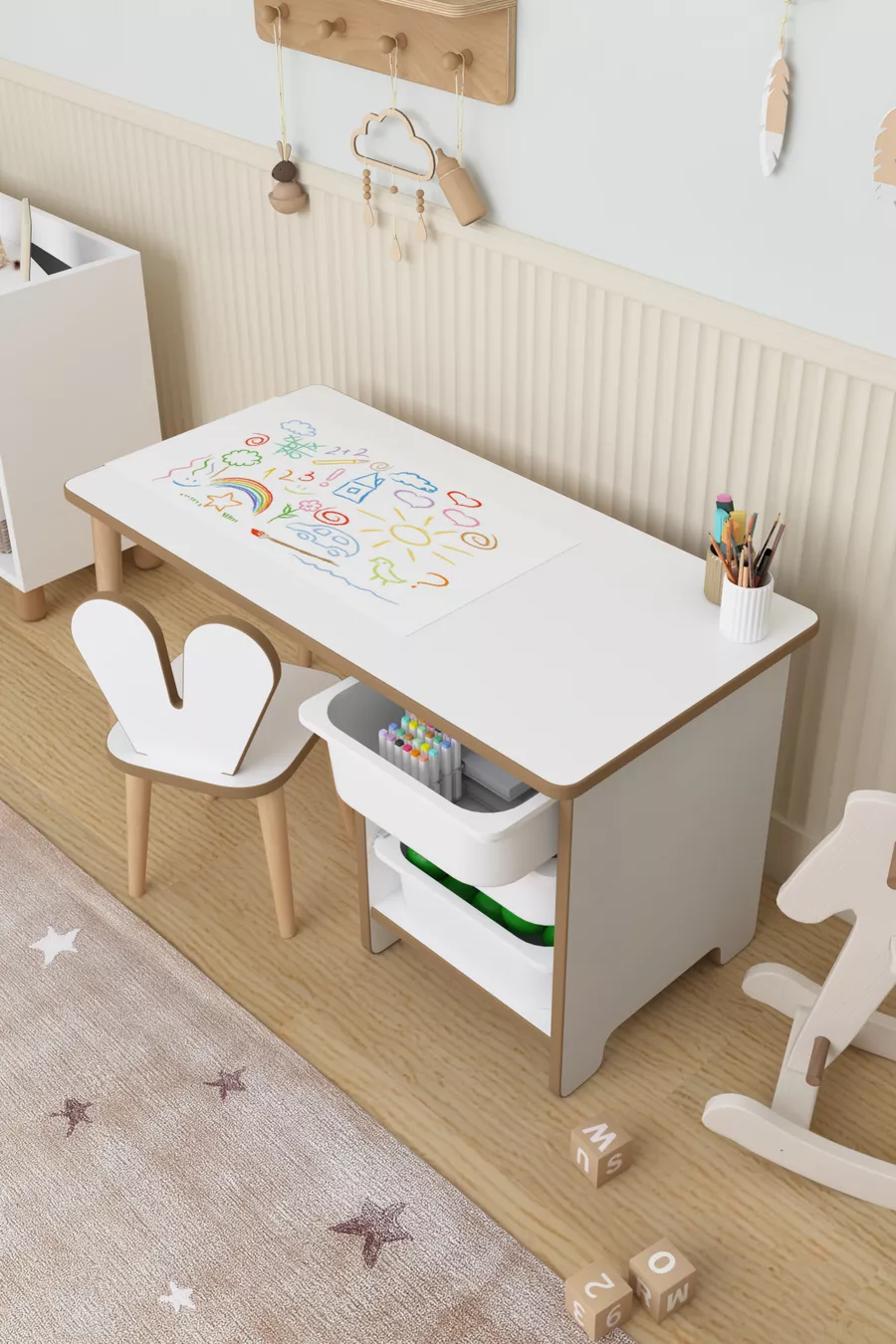 Table d'activités pour enfants à 3 tiroirs avec rouleau de papier pour dessin et chaise lapin