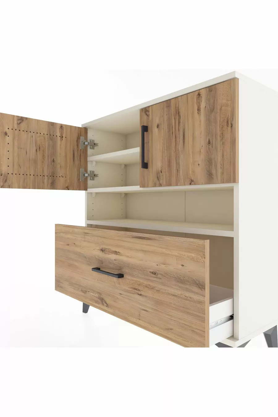 Commode Arges 3 étagères, 1 tiroir, 2 portes, Pierre de lune-Pin