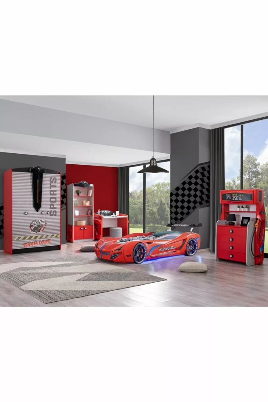 Chambre d'enfant - Lit avec Voiture Mercedes - Armoire 3 portes Sport, Bureau, Commode, Bibliothèque - Rouge
