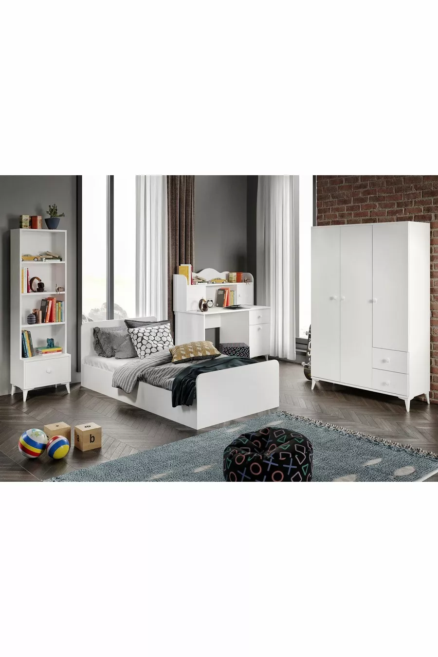 Ensemble chambre d'adolescent moderne Akasya blanc - 4 pièces et entièrement en MDF de première qualité
