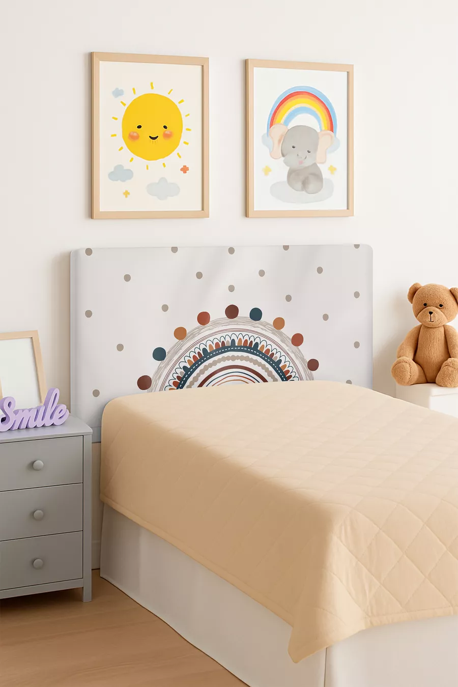 Housse de tête de lit et de lit coffre pour chambre d'enfant à motif arc-en-ciel beige