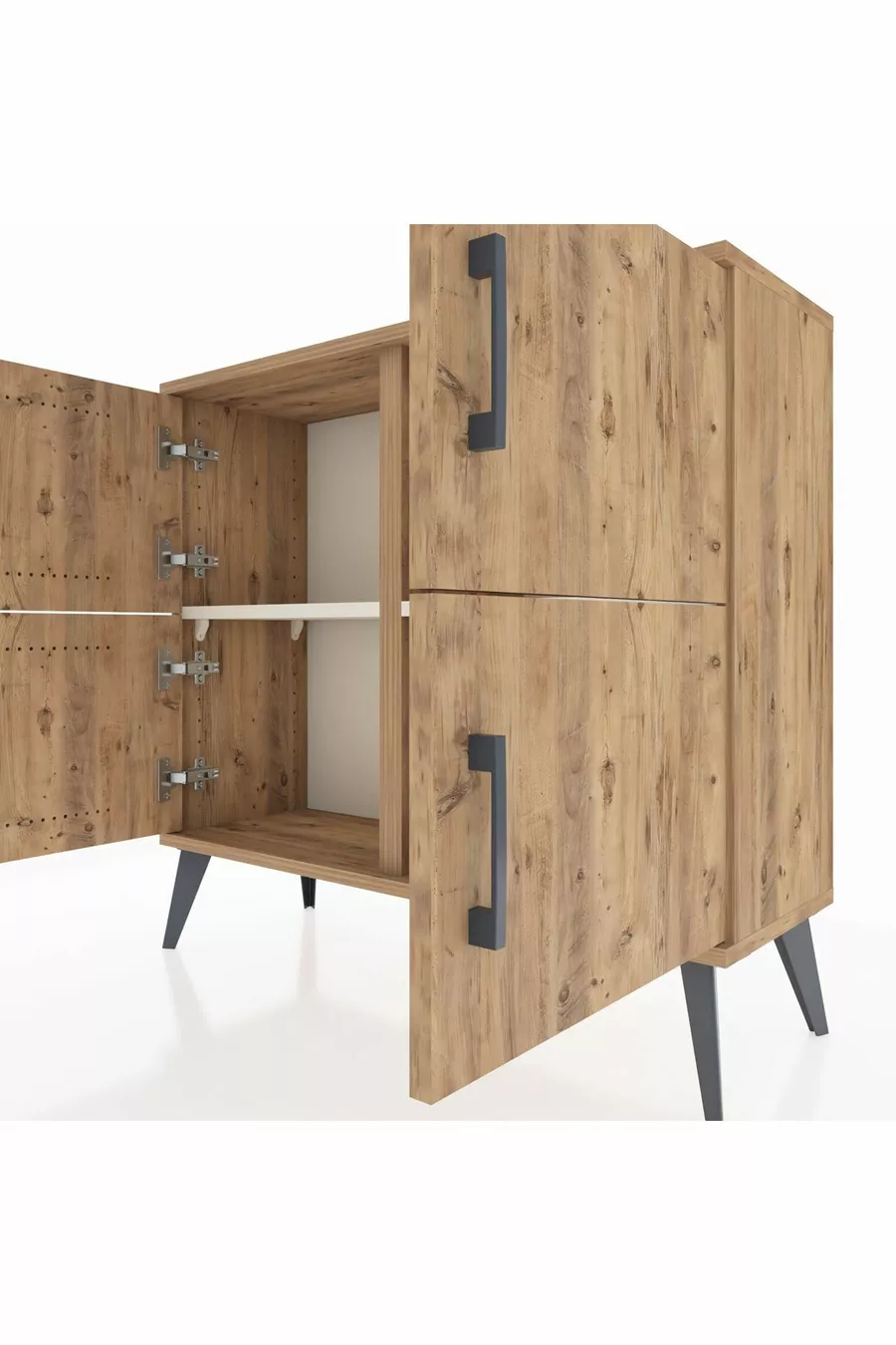 Commode Arges 2 étagères 4 portes Pin-Pin/Pierre de lune